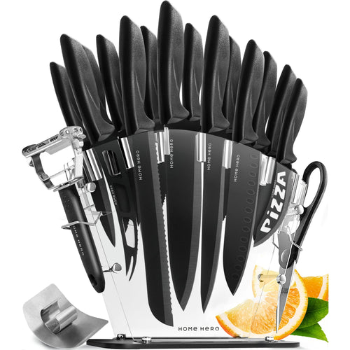 Home Hero Kitchen Knife Set with Sharpener - High Carbon Stainless Steel Knife Block Set with Ergonomic Handles (16 Pcs - Black)
